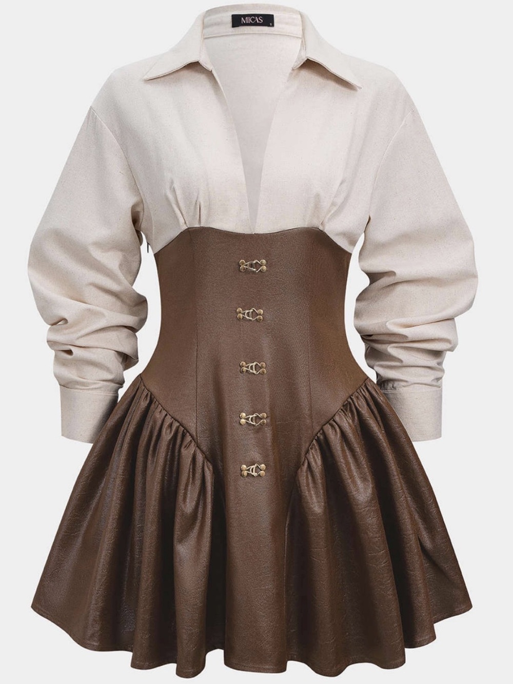 Micas Brown & Cream Faux-Leather Midi Dress with Shirt Bodice